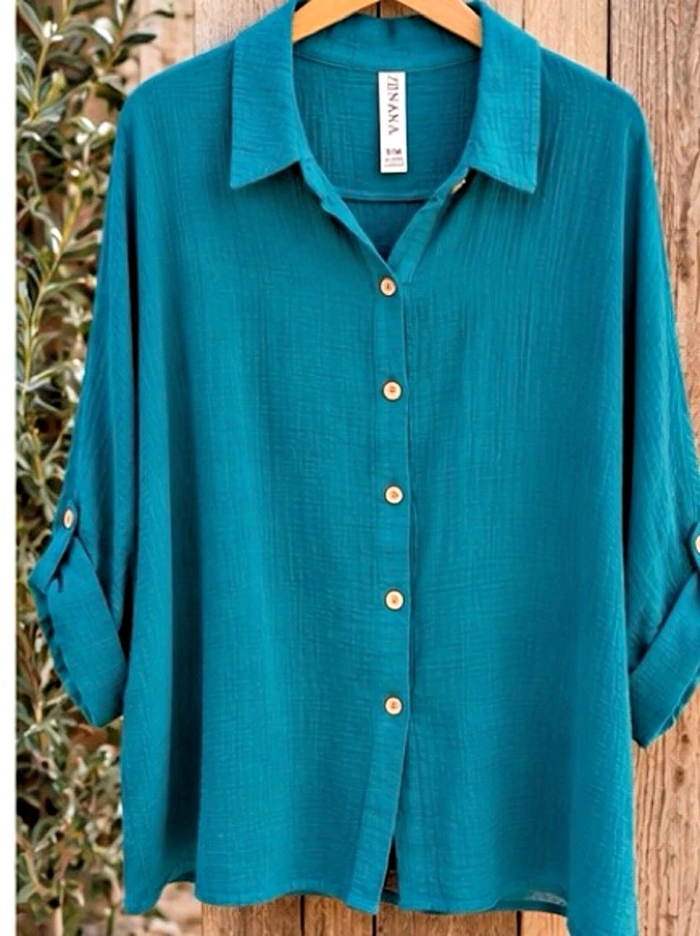 Zenana Cotton Gauze Button Down Tunic Top Roll-Tab Sleeves -
Oversized M - NWOT